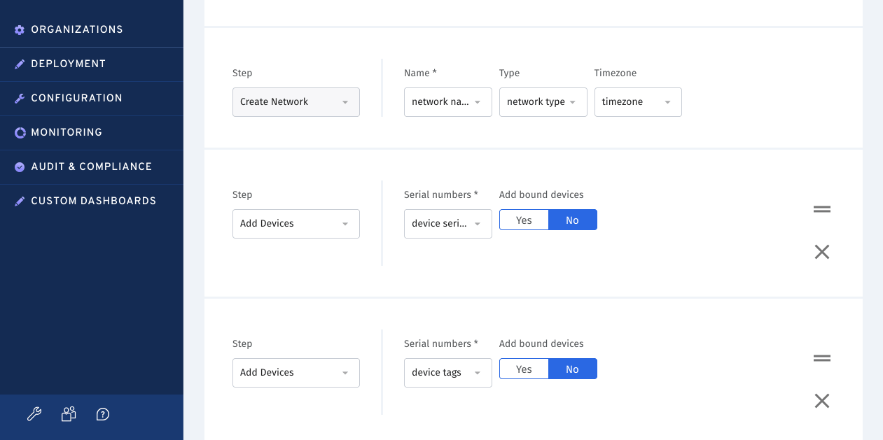 A screen showing how to deploy Meraki networks using Boundless Deployment