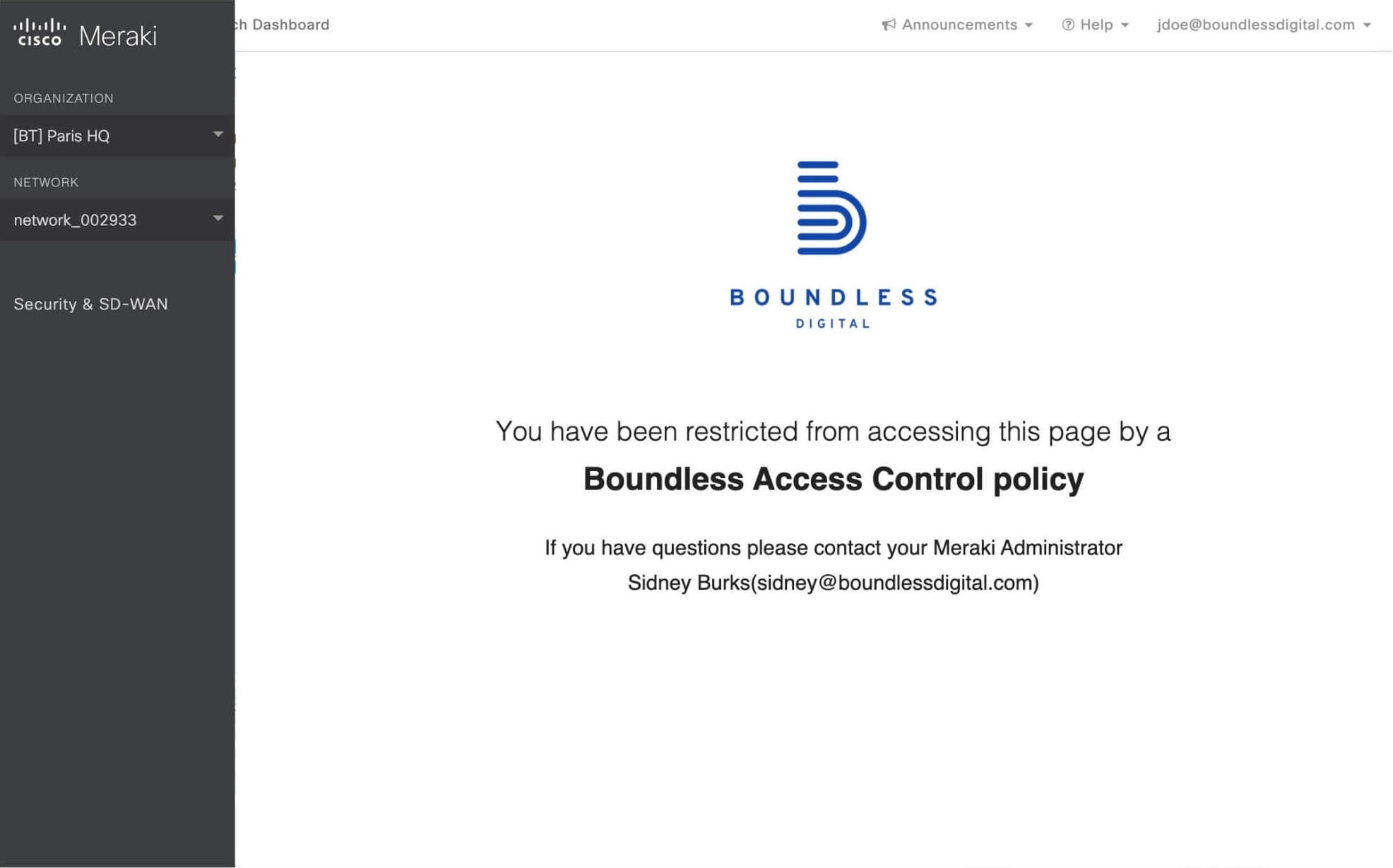 A screen showing that access was restricted on Meraki following the enforcement a Access Control policy using Boundless Access Control.