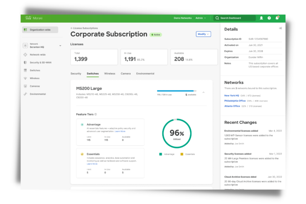Meraki subscription licensing dashboard