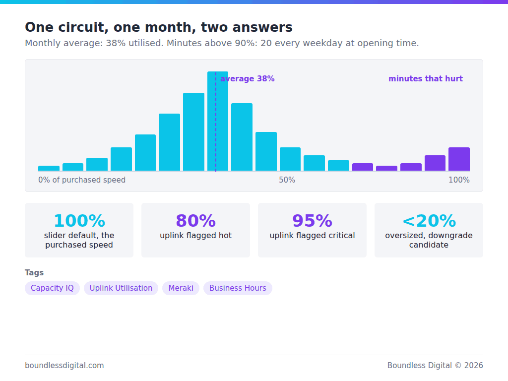 One circuit over one month as a histogram of minutes per throughput band, with the 38 percent average marked and the Capacity IQ thresholds